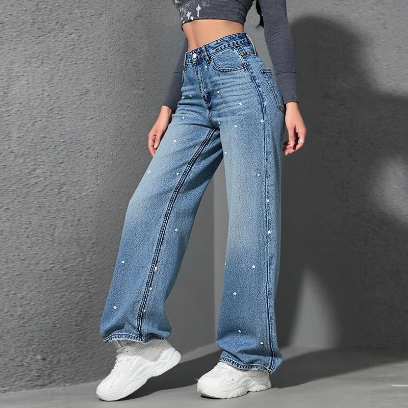 Benuynffy Heart Print High Waist Straight Jeans for Women 2025 New Streetwear Casual All Match Baggy Wide Leg Denim Pants Female