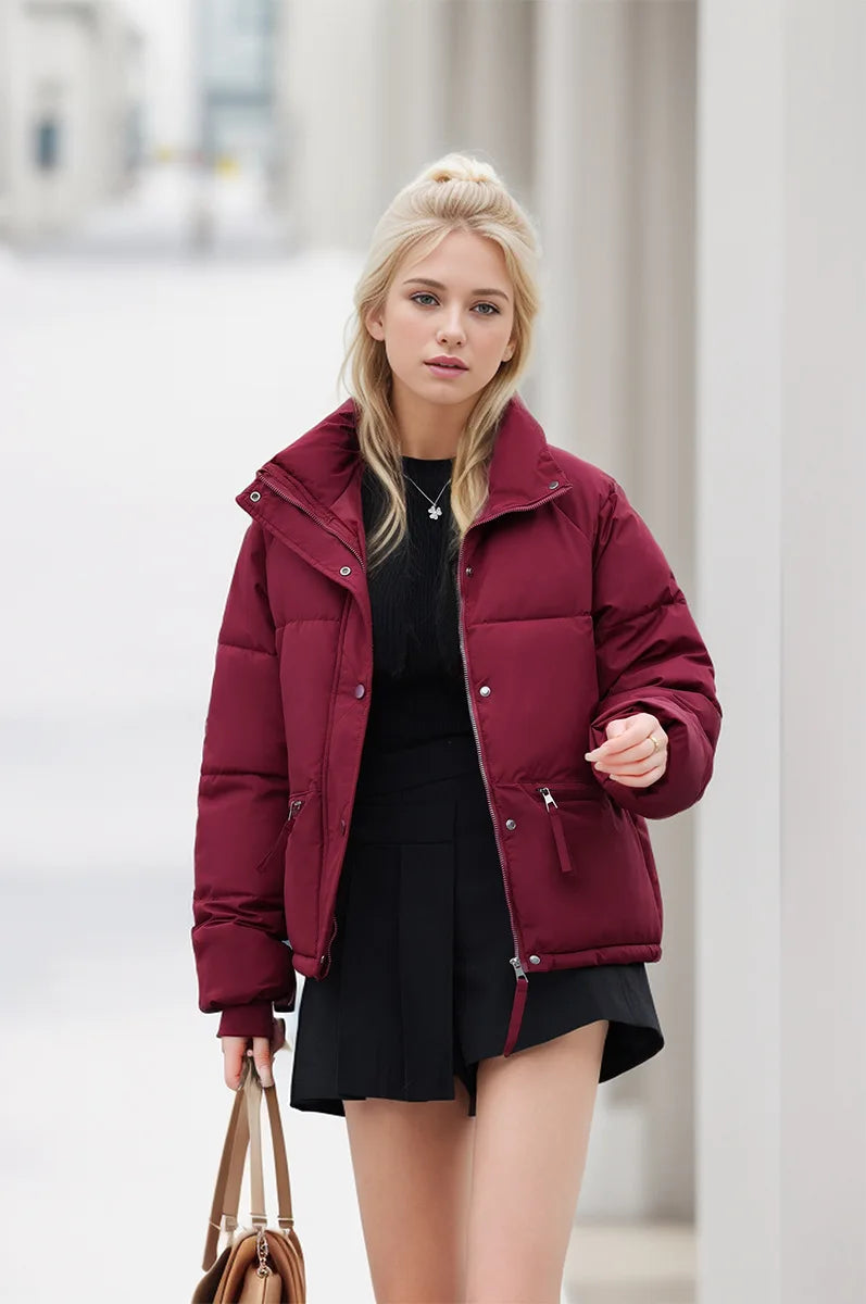 Women's Winter Puffer Coat Stand Collar Zipper Fly Pockets Loose Fit Quilted Coat For Female Thickened Lady's Thermal Coat