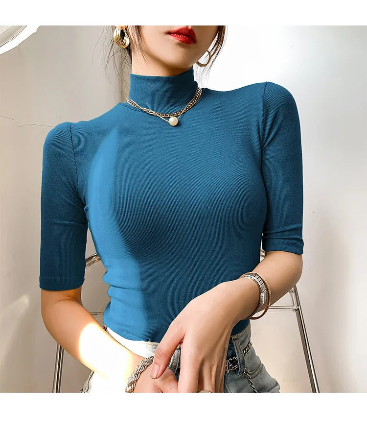 Basic  T Shirt Women Turtleneck Slim Tshirt Short Sleeve T-shirts Female Casual Elasticity White Tee Shirt Femme Woman Top