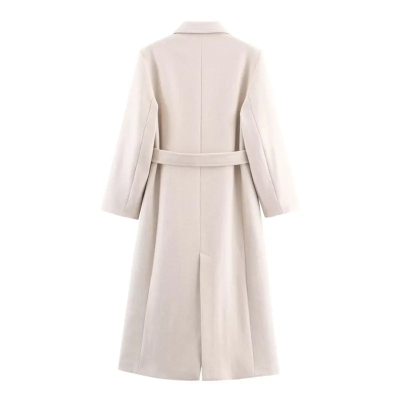 Autumn Women Long Wool Coat with Belt Casual Turn Down Collar Long Sleeve Double-Breasted Outerwear Female Chic Overcoat