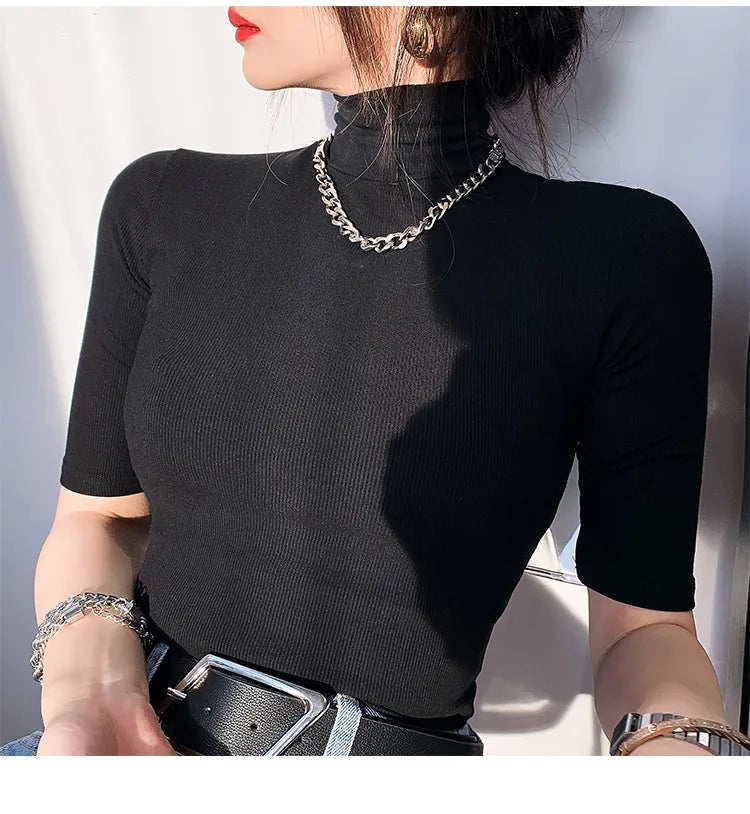Basic  T Shirt Women Turtleneck Slim Tshirt Short Sleeve T-shirts Female Casual Elasticity White Tee Shirt Femme Woman Top