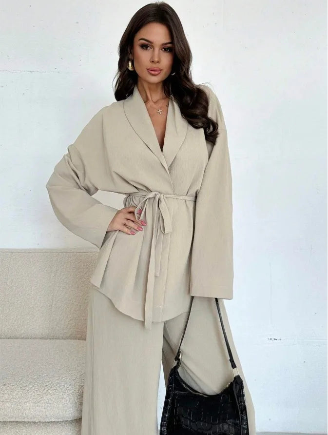 2025 Autumn Winter European American Fashion V-neck Women's Temperament Long-sleeved Elegant Wide-leg Pants Set