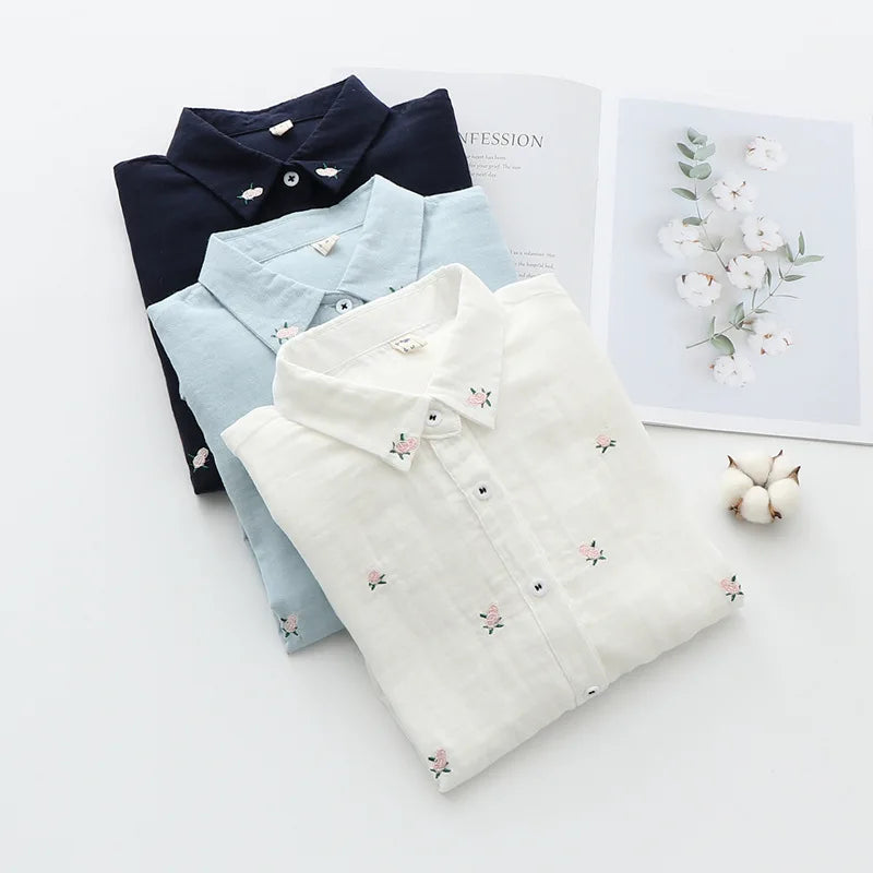 2025 Spring Autumn New Fresh Cotton Yarn Ladies Long Sleeve Shirt Flower Embroidered Women's Casual Shirt Female Blouse Clothes