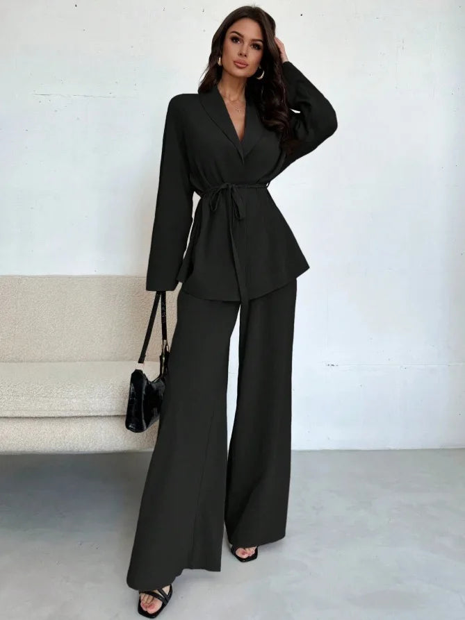 2025 Autumn Winter European American Fashion V-neck Women's Temperament Long-sleeved Elegant Wide-leg Pants Set