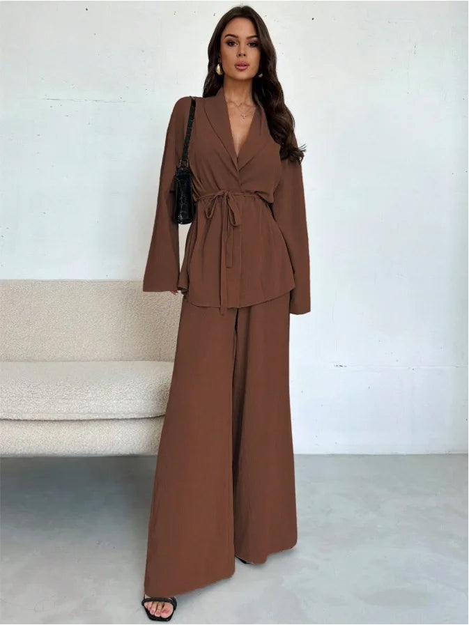 2025 Autumn Winter European American Fashion V-neck Women's Temperament Long-sleeved Elegant Wide-leg Pants Set