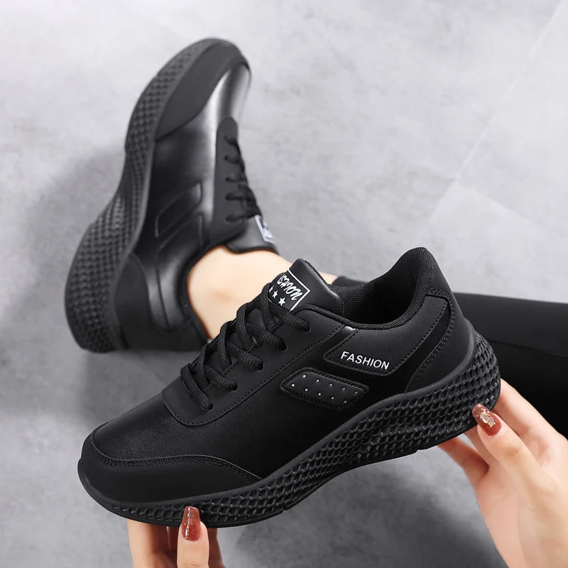 Spring and autumn women's shoes, air cushion, leather surface, waterproof, lightweight, non-slip sports shoes, thick-soled lace-