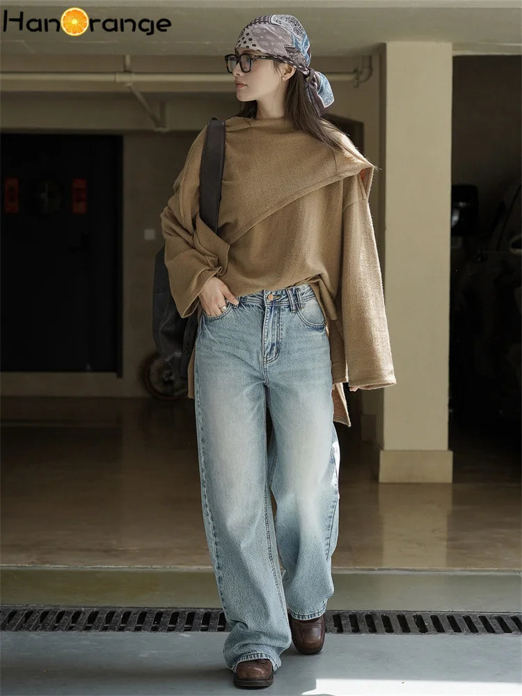 2025 Autumn Winter Retro Polished White Washed Jeans Women Neat Straight Leg 100% Cotton Denim Pants Blue