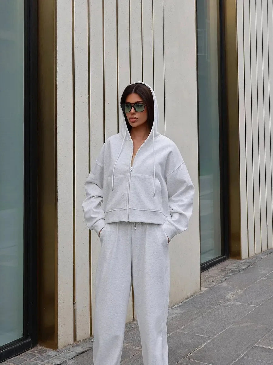 2025 Woman 2 Piece Set Outfit Sports Suit Long-sleeved Zipper Cardigan Hooded Sweatshirt Lace-up Trousers Two-piece Set Trendy