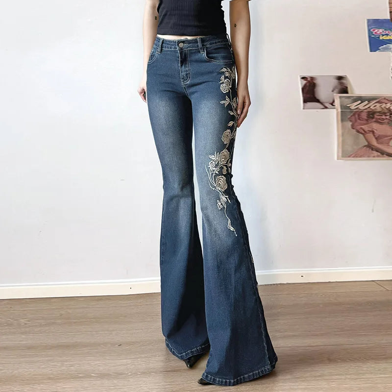 Flare Pants Jeans Women Embroidery Boot Cut Low Waist Washed Distressed Pockets Floor Length Streetwear 2025 Denim Trousers