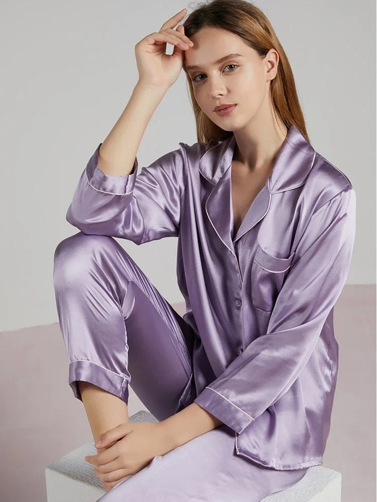 19MM 100% Mulberry Silk Pajamas Women   TrousersTwo-piece Loose   Home Clothes Spring Summer Silk Sleepwear Lady