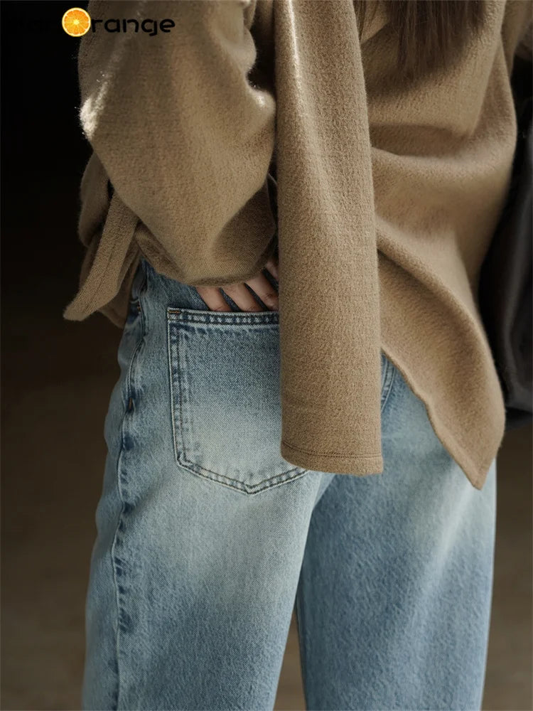 2025 Autumn Winter Retro Polished White Washed Jeans Women Neat Straight Leg 100% Cotton Denim Pants Blue