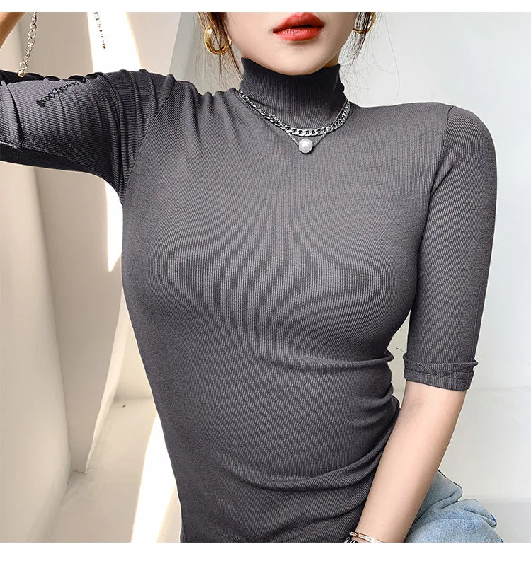 Basic  T Shirt Women Turtleneck Slim Tshirt Short Sleeve T-shirts Female Casual Elasticity White Tee Shirt Femme Woman Top