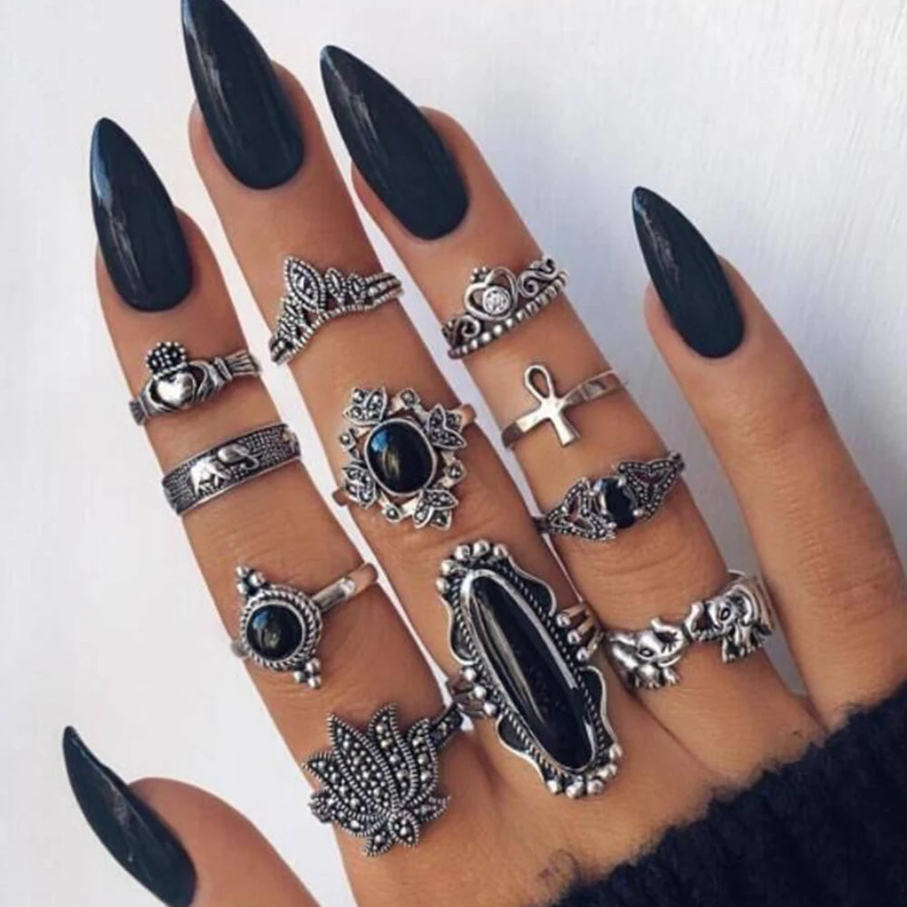11 pcs Silver Knuckle Rings Set Gothic Crescent Ring Set Punk Silver Plated Cross Ring for Women