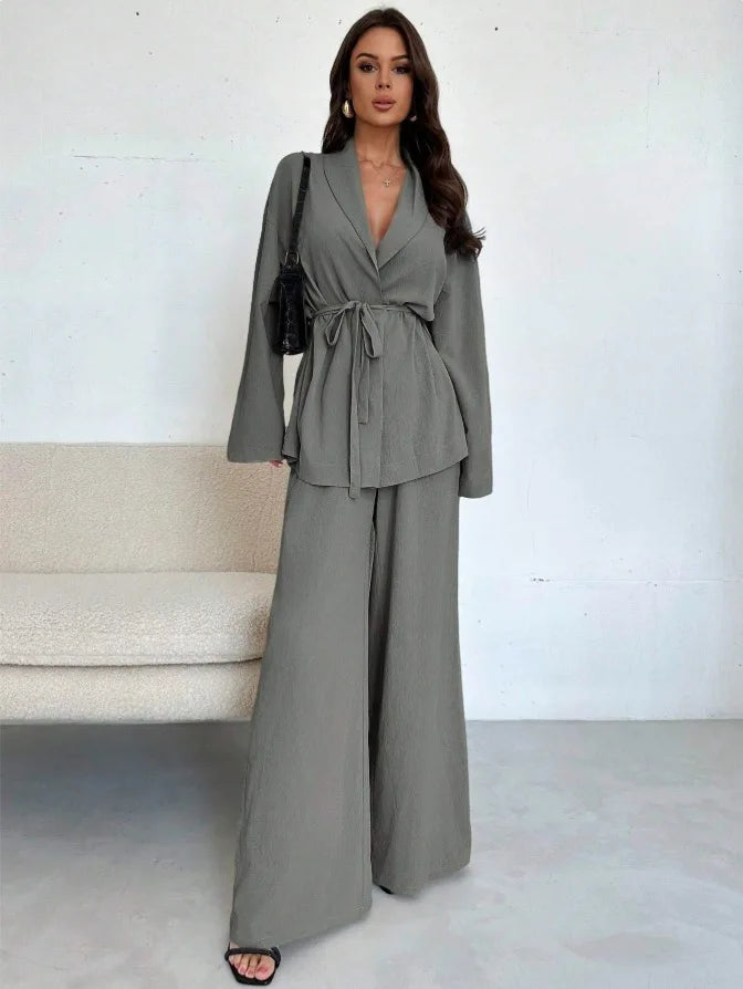 2025 Autumn Winter European American Fashion V-neck Women's Temperament Long-sleeved Elegant Wide-leg Pants Set