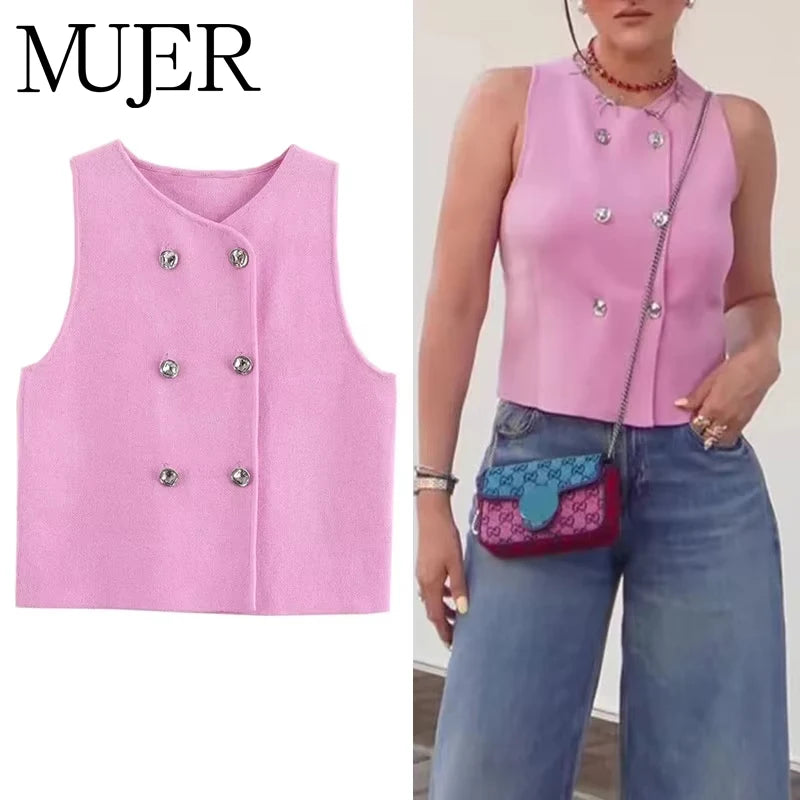 MUJER Knit Sleeveless Vest Woman Fashion Pink Knitted Cropped Vest Women Double Breasted Summer Vest Top Women New In Short Coat
