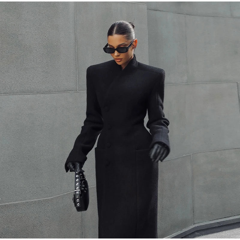 Faux Fur Parka Women Shoulder Pad Slim Waist Long Sleeves One Button Coats Female 2025 Winter Warm Solid Casual Outwears Lady