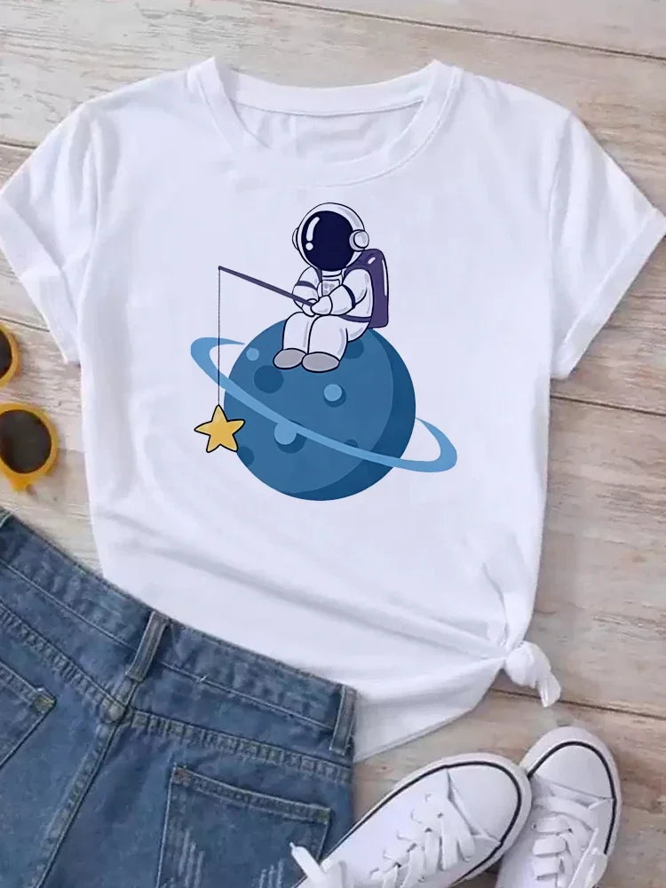 Women Moon Planet Print Fashion Tee Shirts Casual Round Neck Short Sleeve Streetwear Female T-Shirt Vintage Tops