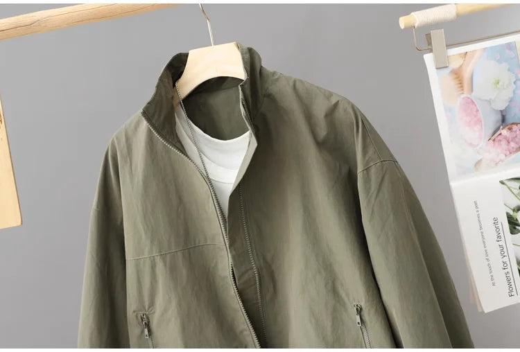 Women's New Autumn Zippered Loose Workwear Windbreaker Short Coat Women's Casual Long-sleeved Tops