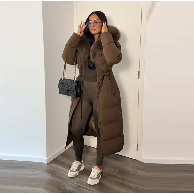 Casual Lace-up Long Padded Jackets Women's Loose Full Sleeves Stand Collar Pocket Maxi Coat 2025 New Winter Ladies Solid Outwear