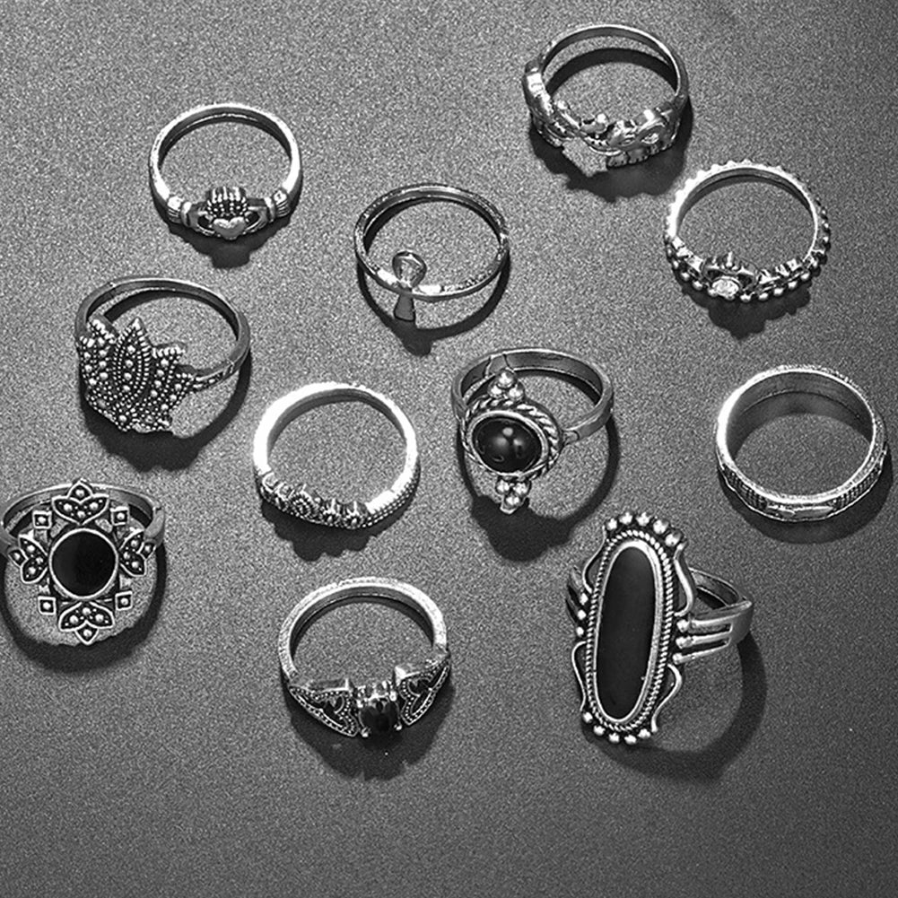 11 pcs Silver Knuckle Rings Set Gothic Crescent Ring Set Punk Silver Plated Cross Ring for Women
