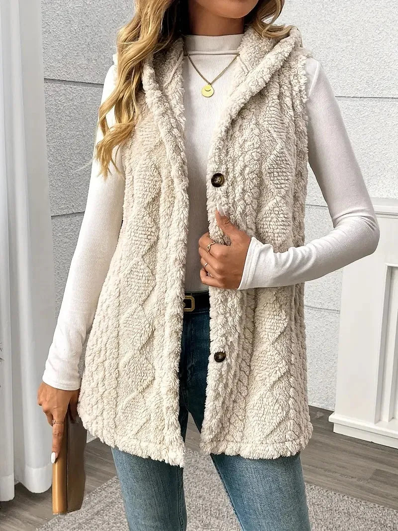 VigoCasey 2025 Casual Sleeveless Thick Vest Coat Woman Solid Hooded Warm Plush Waistcoat Lady Autumn Winter Apricot Vest Jacket