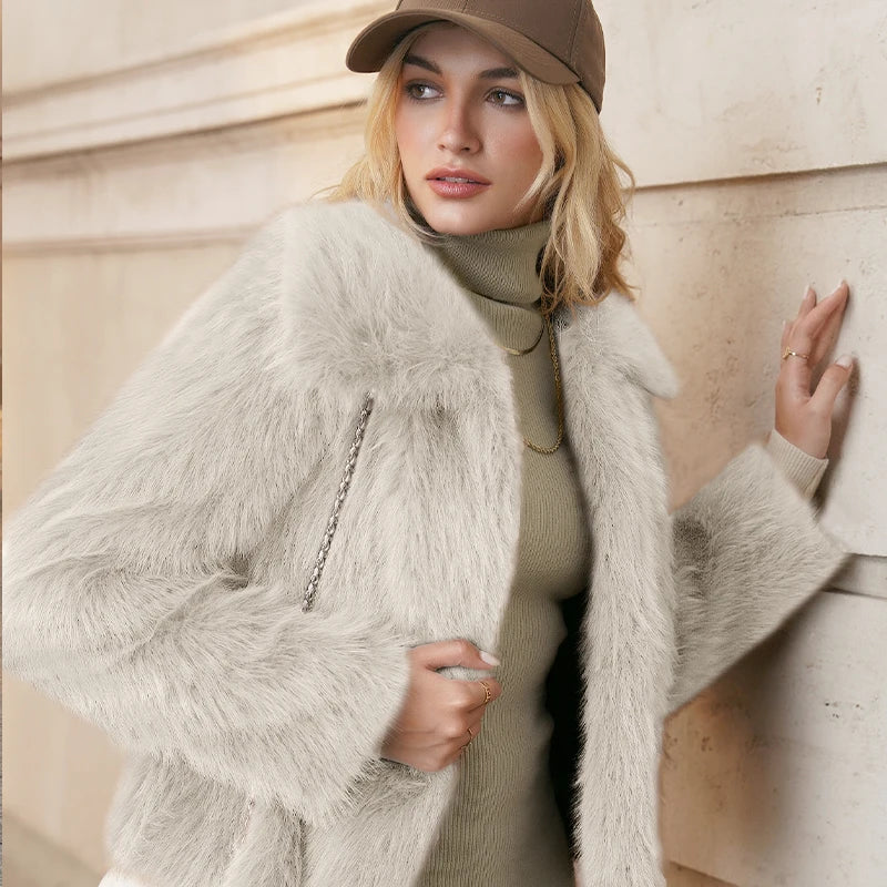 Fashion Vintge Women's Faux Fur Coat Turn-Down Collar Classic Overcoats Basic Fluffy Fox Jackets Lady Elegant Overcoats