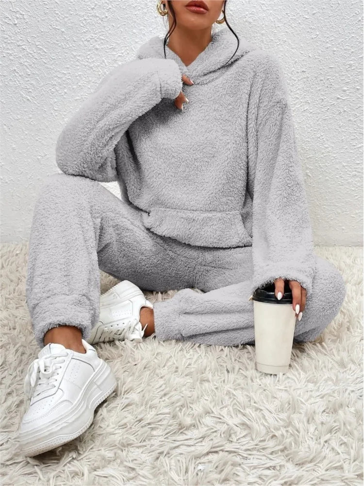 Autumn Winter Plush Hooded Sweatshirt Trousers 2 Piece Set Women's Fashion Pocket Warm Casual Home Clothing Hoodie Trousers Suit