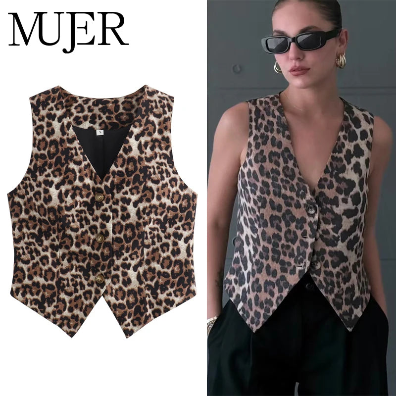 MUJER Leopard Print Vests for Women Waistcoat Cropped Sleeveless Vest Woman Fashion Short Jacket Women Streetwear Women's Coats