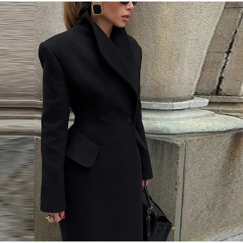 Faux Fur Parka Women Shoulder Pad Slim Waist Long Sleeves One Button Coats Female 2025 Winter Warm Solid Casual Outwears Lady