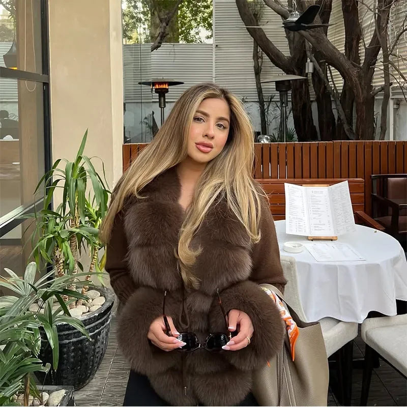 Chic Knitted Faux Fur Patchwork Women's Coat Thicken Warm Lady Coats 2025 Autumn Winter Chic Female Street Outerwears