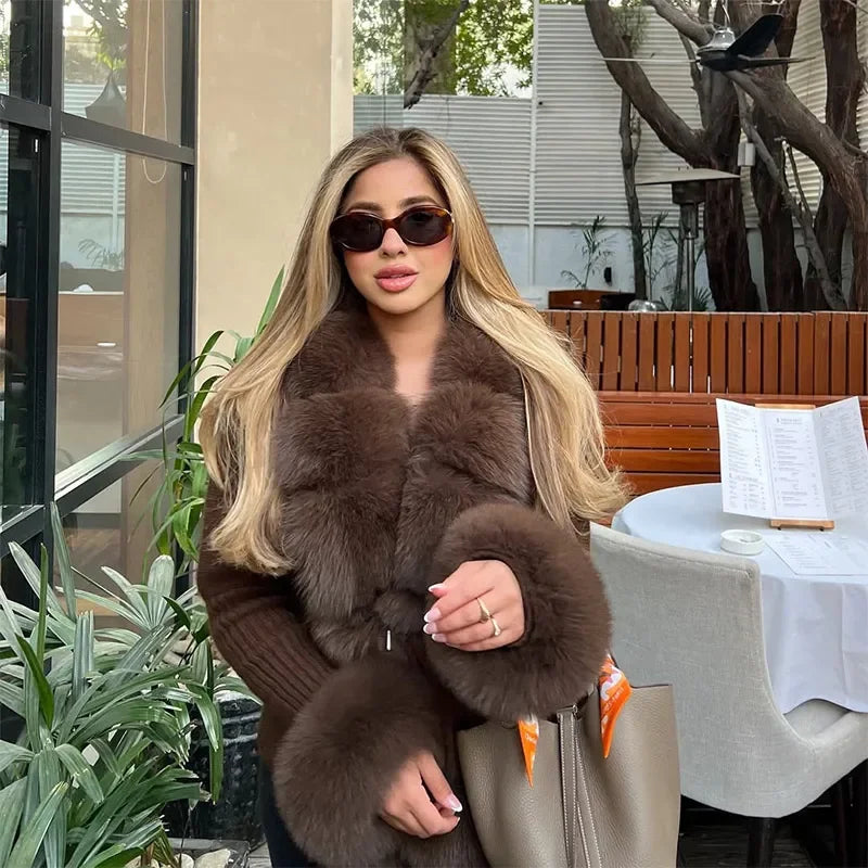 Chic Knitted Faux Fur Patchwork Women's Coat Thicken Warm Lady Coats 2025 Autumn Winter Chic Female Street Outerwears