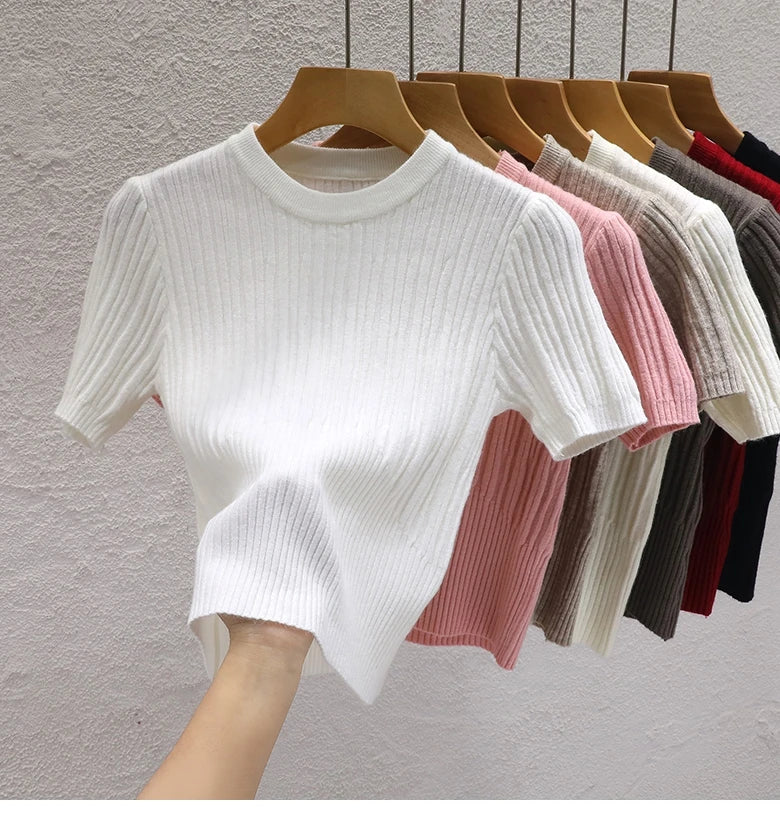 2025 Summer T shirts for Women Casual Female Korean Knit Streetwear Tees Basic Solid Young Cool Tops