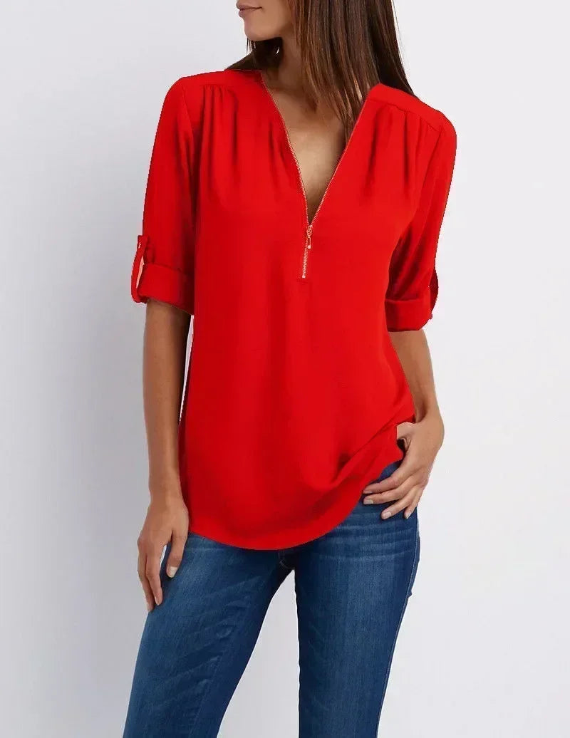 Summer Women Cool Loose Shirt Deep V Neck Chiffon Blouse Casual Ladies Tops Sexy Zipper Pullover Plus Size Long Sleeve Fashion