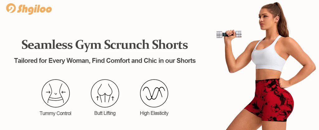 2pcs Women's High-Waist Tie-Dye Yoga Shorts - Seamless, Booty Lifting, Stretchy Nylon & Spandex Blend, Red & Grey