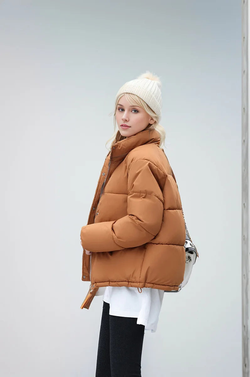 Women's Winter Puffer Coat Stand Collar Zipper Fly Pockets Loose Fit Quilted Coat For Female Thickened Lady's Thermal Coat