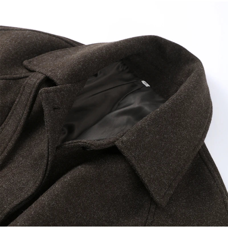 Elegant Grey Belt Long Faux Wollen Coat Women Lapel Double Breasted Street Coats Female 2025 Autumn Winter New Lady Peacoat