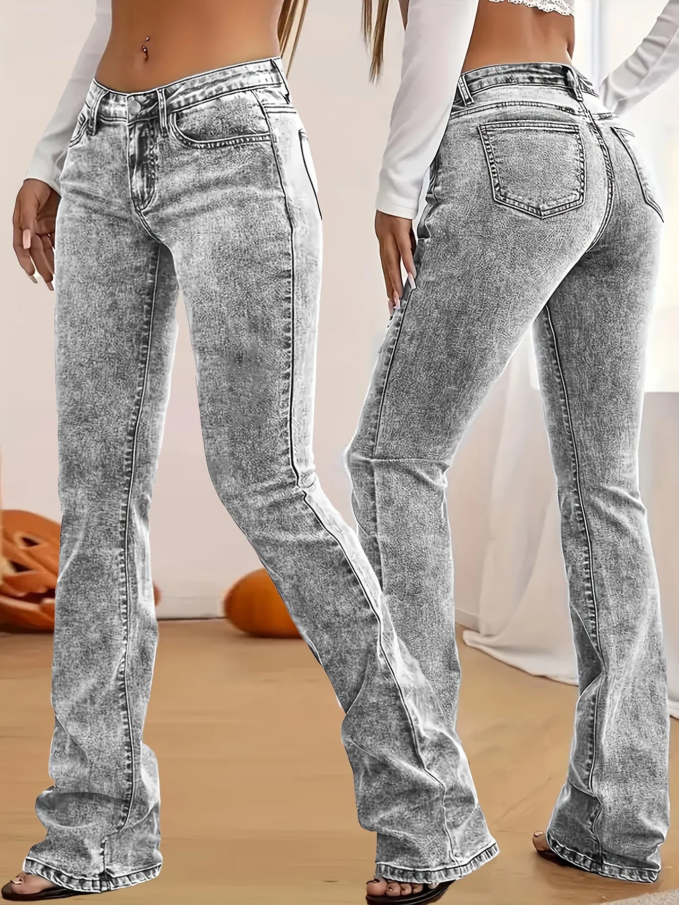 Fashion Women's Gray Low-Rise Slim Fit Bootcut Jeans, Y2K Style, Snow Wash, Streetwear Elegant Denim Pants