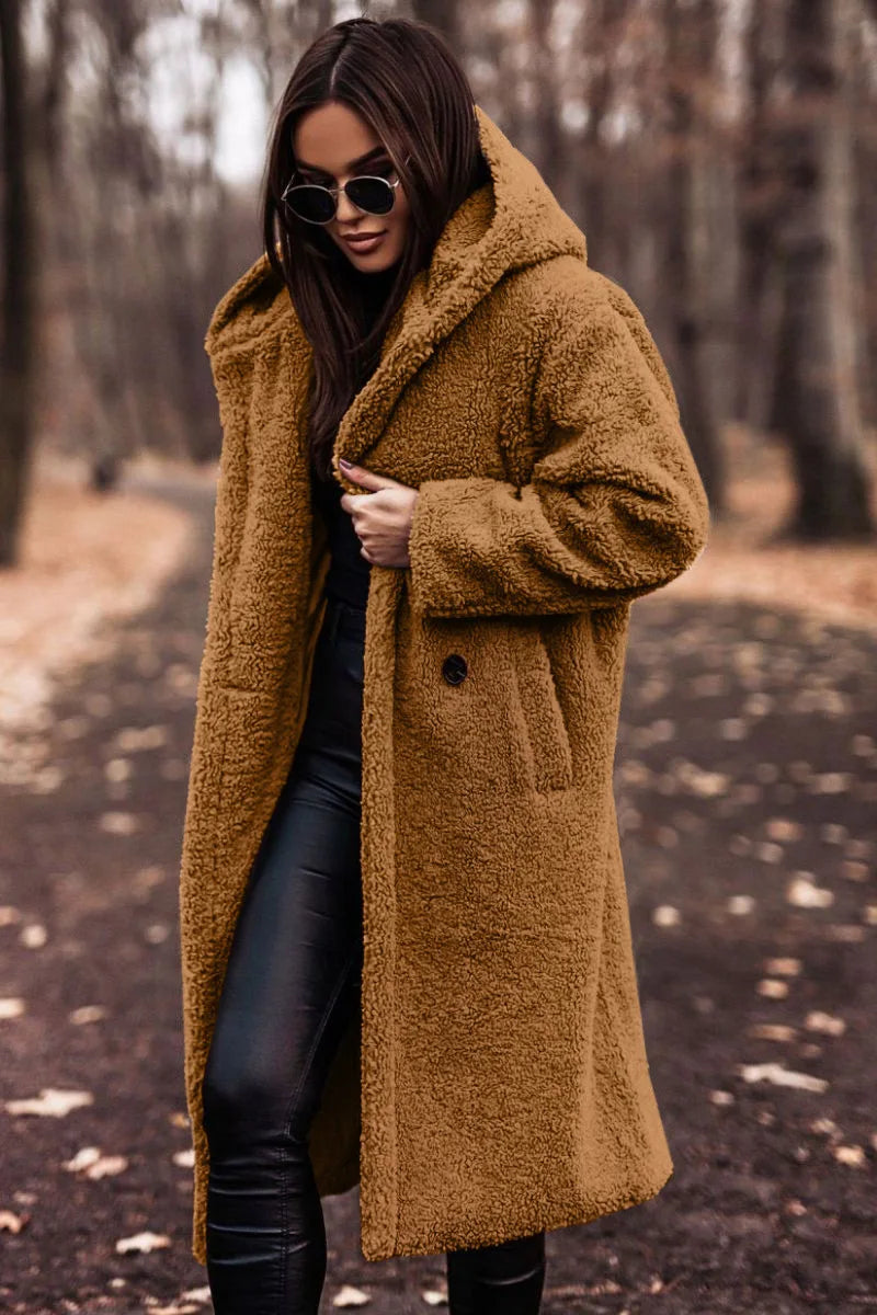 Keep Warm Plush Woolen Coat Women Solid Color Thicken Single Breasted Long Hooded Coats Autumn Winter Female Clothing Streetwear
