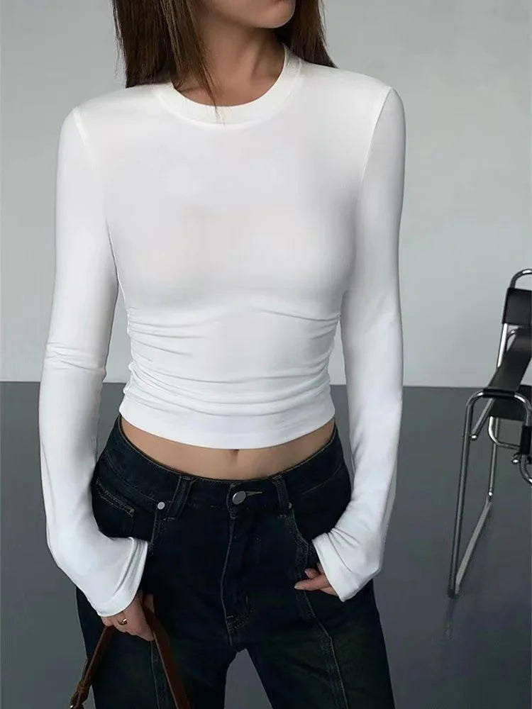 Women Casual Long Sleeve T-shirts Elastic Basic Autumn Solid Slim Pullovers Tee Shirt Female Streetwear Base Lady Top