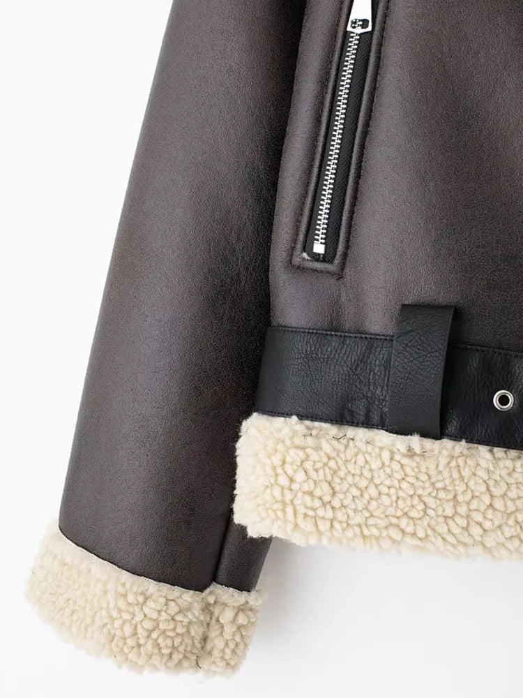 Women's Thick Warm Suede Jacket with Belt, Long Sleeve Coats, Faux Shearing, Female Outerwear, Chic Tops, Winter Fashion