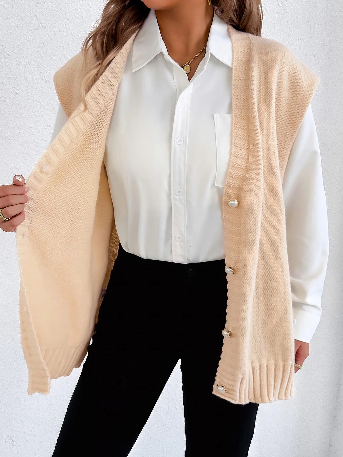 Women's Tops Autumn and Winter Vest Women's Clothing Pearl Button Loose Casual Cardigan Sweater Vest