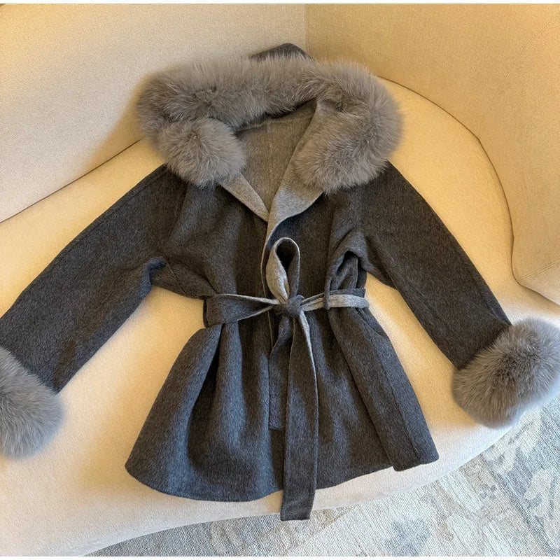 Elegant Women's Faux Fur Hoody Coat Furry Patchwork Lace Up Full Sleeve Female Jacket 2025 Autumn Winter New Lady Warm Outerwear