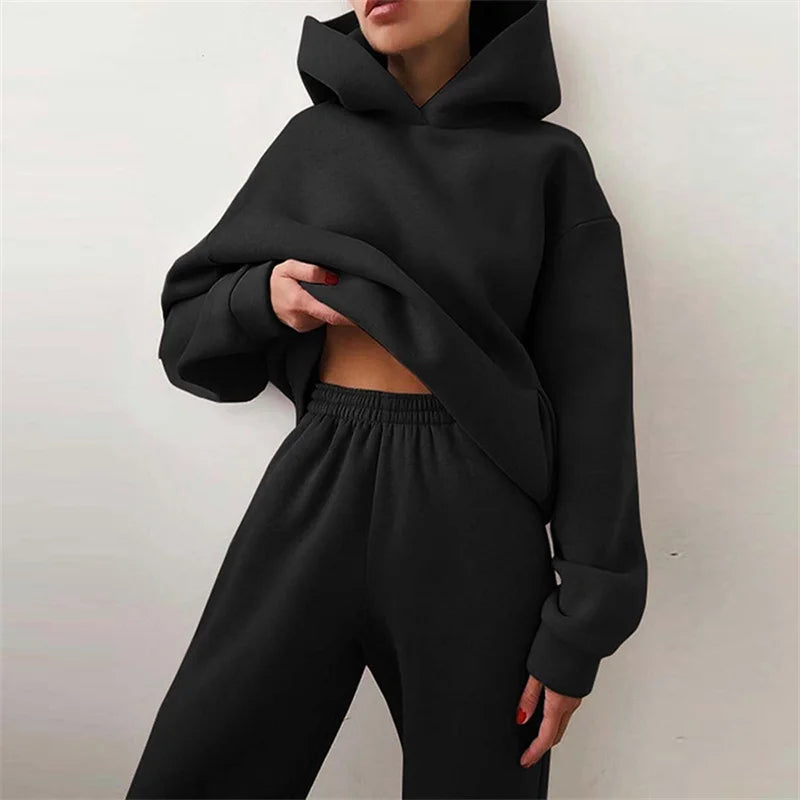 Women's Oversized Tracksuit Set Warm Autumn Fashion Hoodie Sweatshirts & Long Pants Casual Two-Piece Solid Hoody Pullover Outfit