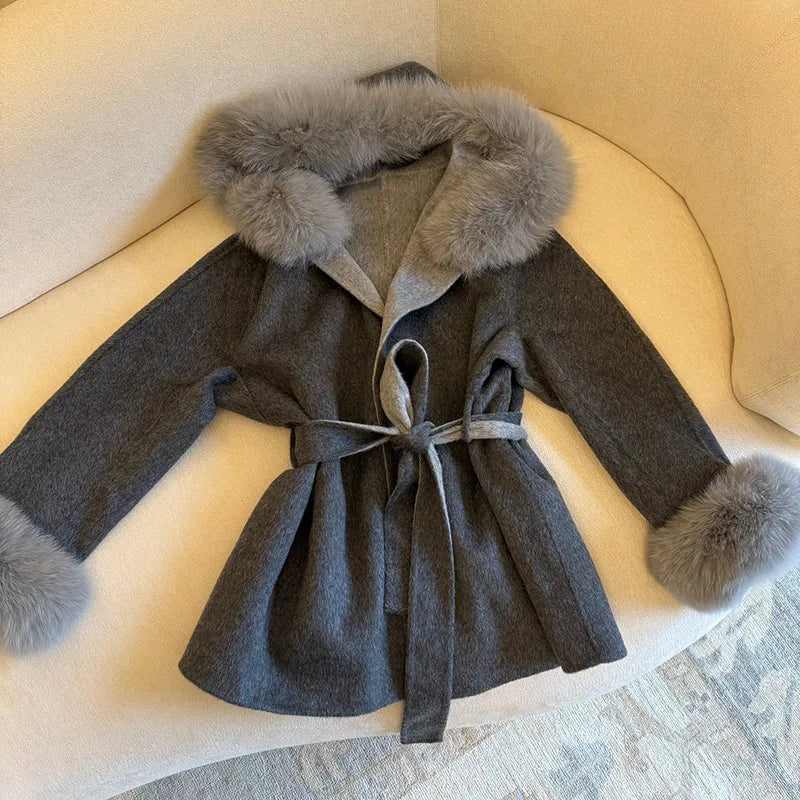 Elegant Women's Faux Fur Hoody Coat Furry Patchwork Lace Up Full Sleeve Female Jacket 2025 Autumn Winter New Lady Warm Outerwear