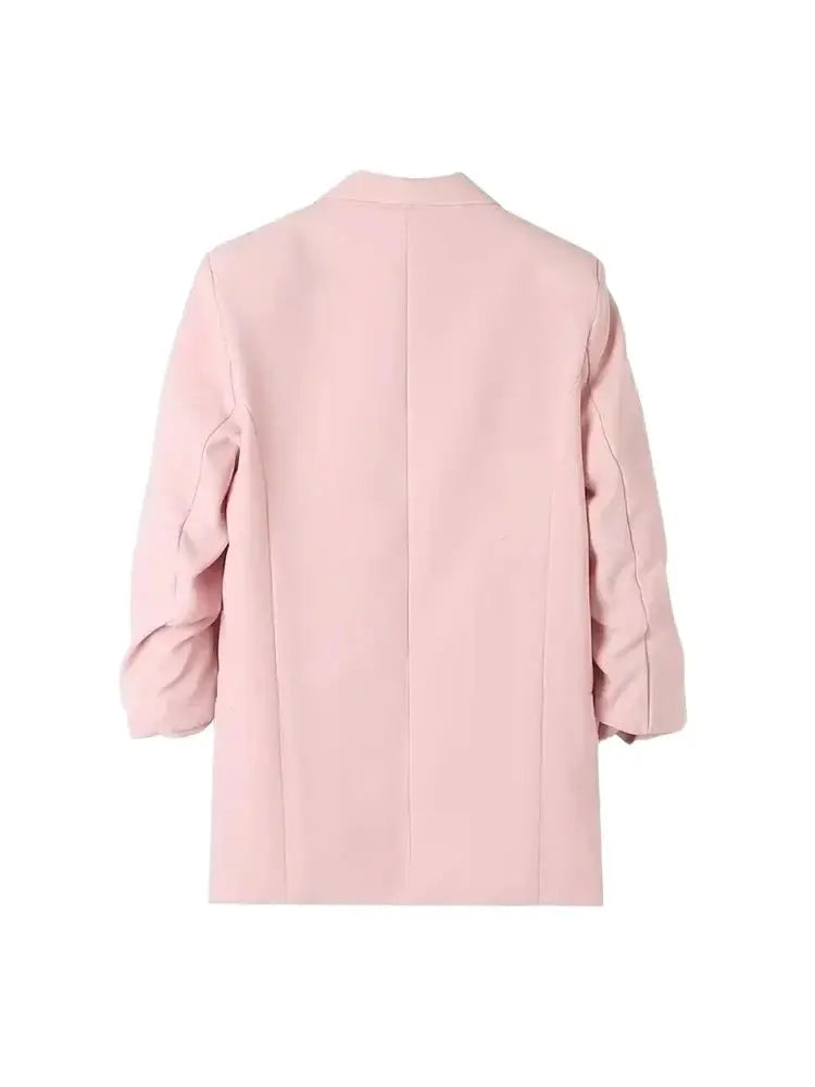 Women Fashion Office Wear Open Blazer Coat Vintage Long Pleated Sleeves Flap Pockets Female Outerwear Chic Tops