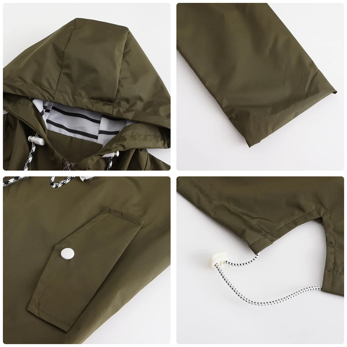 Red Waterproof Hooded Jacket, Women Fashion Casual Coat, Waist Drawstring Tie Zipper Switch Blue Green Yellow Black Windbreaker