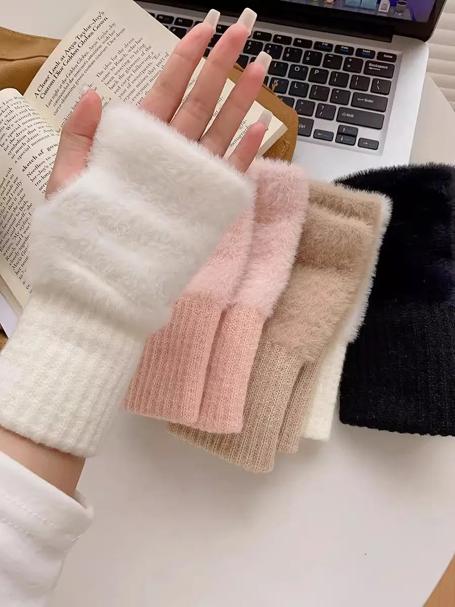 Soft Winter Half Finger Gloves Women Warm Luxury Solid White Plush Knitted Fingerless Gloves Wrist Mittens Writting
