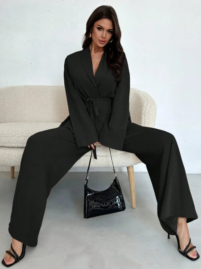 2025 Autumn Winter European American Fashion V-neck Women's Temperament Long-sleeved Elegant Wide-leg Pants Set