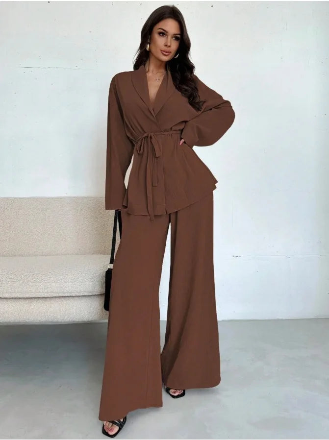 2025 Autumn Winter European American Fashion V-neck Women's Temperament Long-sleeved Elegant Wide-leg Pants Set