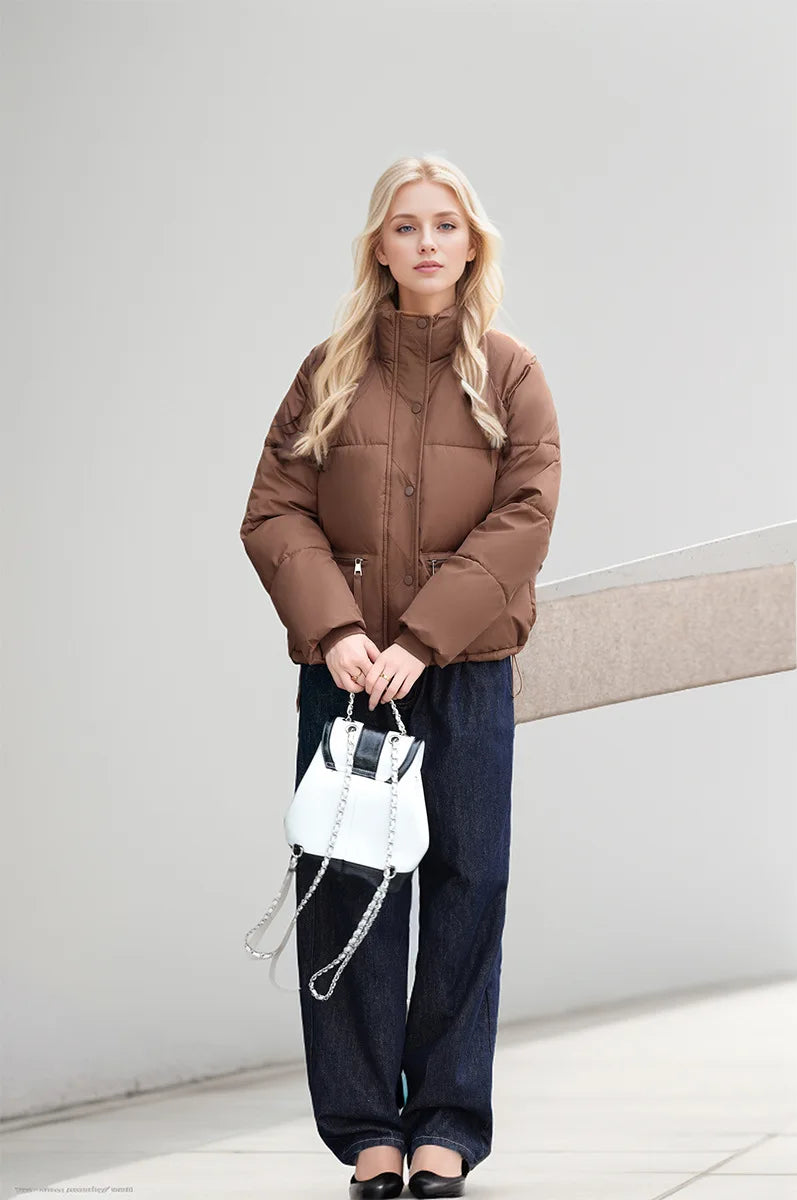 Women's Winter Puffer Coat Stand Collar Zipper Fly Pockets Loose Fit Quilted Coat For Female Thickened Lady's Thermal Coat